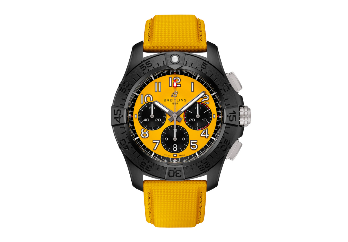 BRT Avenger B01 Chronograph 44mm Night Mission Mens Watch Yellow Leather