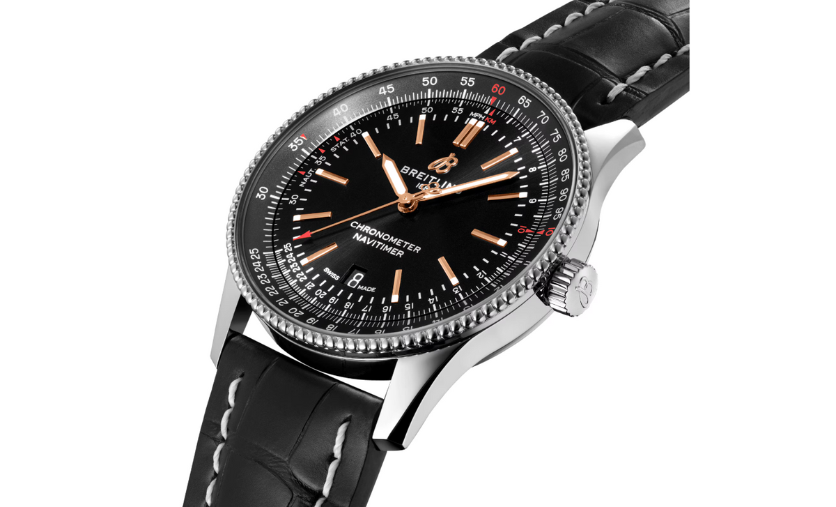 BRT Navitimer Automatic 41 Stainless Steel Black Leather Strap Watch