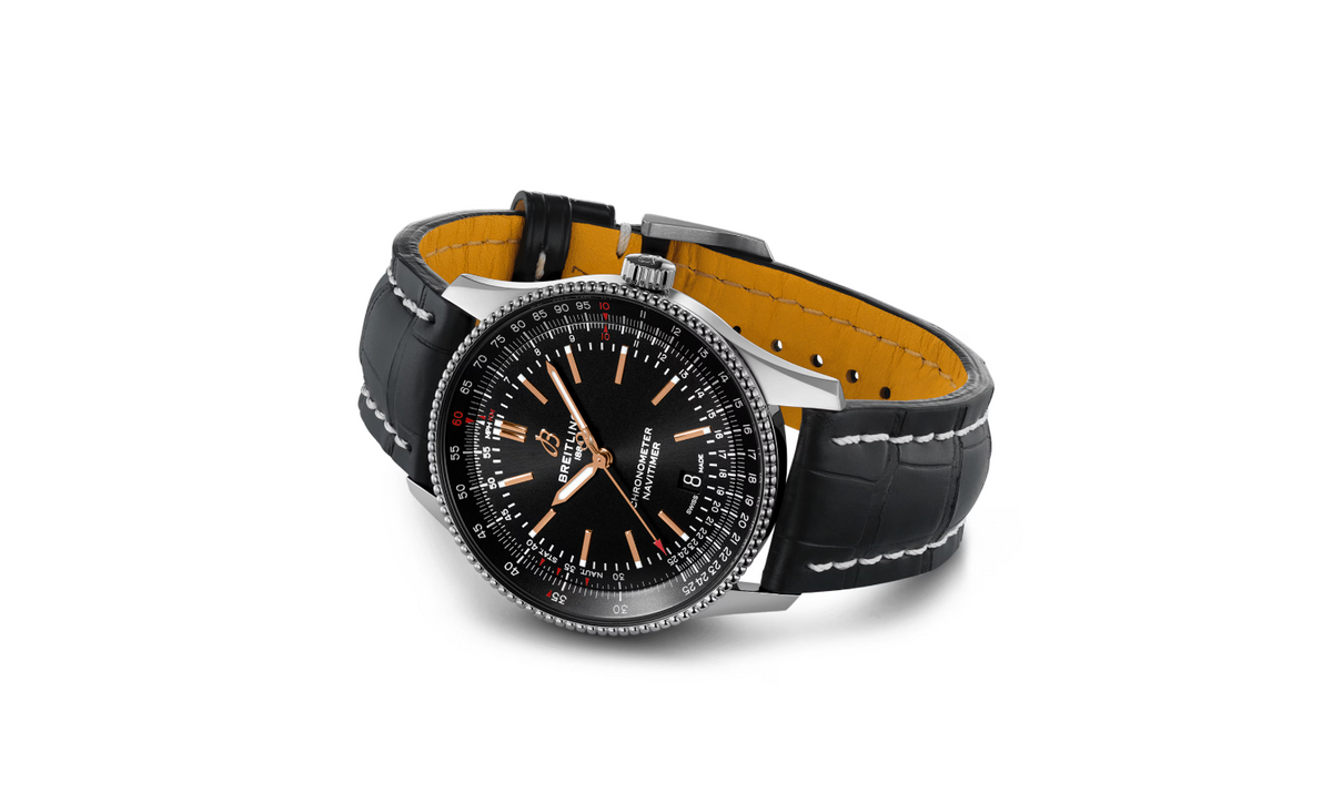 BRT Navitimer Automatic 41 Stainless Steel Black Leather Strap Watch