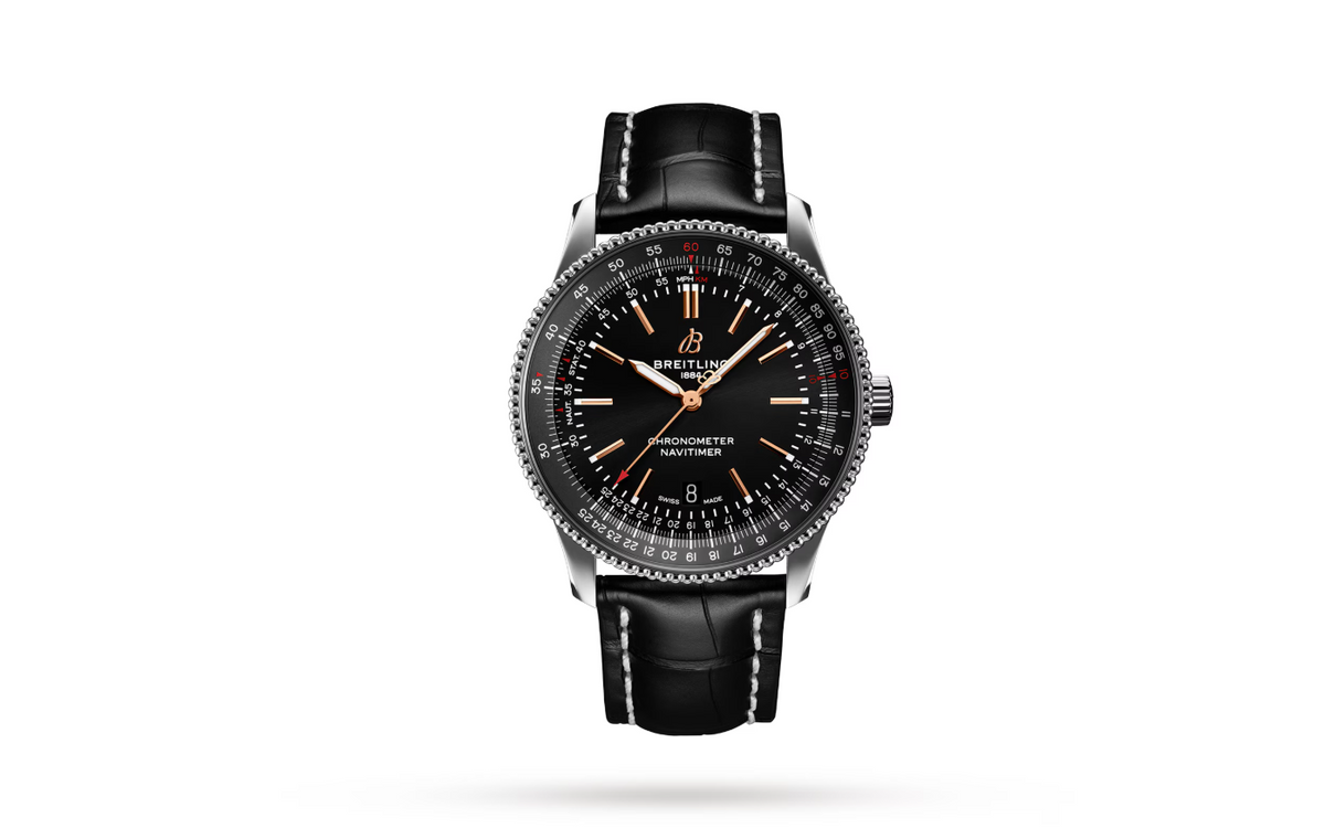 BRT Navitimer Automatic 41 Stainless Steel Black Leather Strap Watch